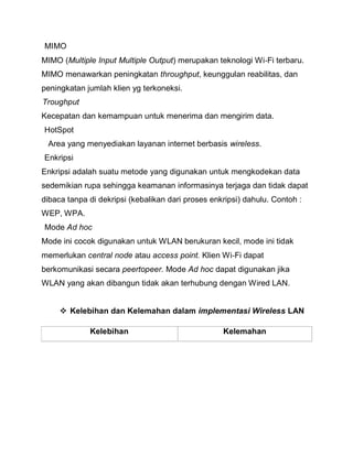 MIMO 
MIMO (Multiple Input Multiple Output) merupakan teknologi Wi‐Fi terbaru. MIMO menawarkan peningkatan throughput, keunggulan reabilitas, dan peningkatan jumlah klien yg terkoneksi. 
Troughput 
Kecepatan dan kemampuan untuk menerima dan mengirim data. 
HotSpot 
Area yang menyediakan layanan internet berbasis wireless. 
Enkripsi 
Enkripsi adalah suatu metode yang digunakan untuk mengkodekan data sedemikian rupa sehingga keamanan informasinya terjaga dan tidak dapat dibaca tanpa di dekripsi (kebalikan dari proses enkripsi) dahulu. Contoh : WEP, WPA. 
Mode Ad hoc 
Mode ini cocok digunakan untuk WLAN berukuran kecil, mode ini tidak memerlukan central node atau access point. Klien Wi‐Fi dapat berkomunikasi secara peertopeer. Mode Ad hoc dapat digunakan jika WLAN yang akan dibangun tidak akan terhubung dengan Wired LAN. 
 Kelebihan dan Kelemahan dalam implementasi Wireless LAN 
Kelebihan 
Kelemahan  