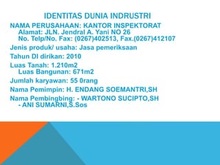 IDENTITAS DUNIA INDRUSTRI
NAMA PERUSAHAAN: KANTOR INSPEKTORAT
Alamat: JLN. Jendral A. Yani NO 26
No. Telp/No. Fax: (0267)402513, Fax.(0267)412107
Jenis produk/ usaha: Jasa pemeriksaan
Tahun DI dirikan: 2010
Luas Tanah: 1.210m2
Luas Bangunan: 671m2
Jumlah karyawan: 55 0rang
Nama Pemimpin: H. ENDANG SOEMANTRI,SH
Nama Pembingbing: - WARTONO SUCIPTO,SH
- ANI SUMARNI,S.Sos
 