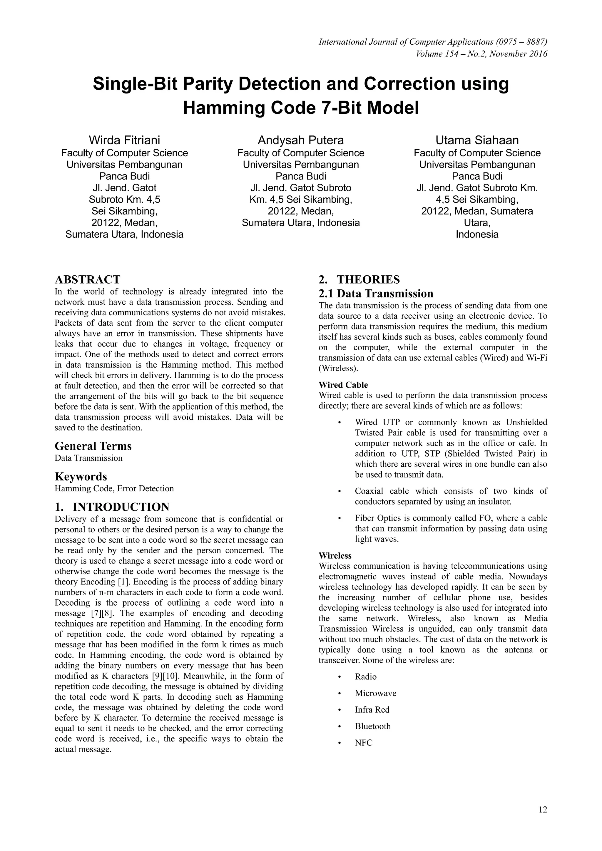 Single-Bit Parity Detection and Correction using Hamming Code 7-Bit ...