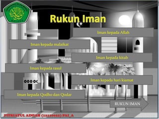 Iman kepada Allah


      Iman kepada malaikat


                                Iman kepada kitab

      Iman kepada rasul

                              Iman kepada hari kiamat


Iman kepada Qodho dan Qodar

                                          RUKUN IMAN
 