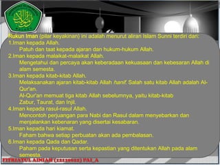Rukun Iman (pilar keyakinan) ini adalah menurut aliran Islam Sunni terdiri dari:
1.Iman kepada Allah.
    Patuh dan taat kepada ajaran dan hukum-hukum Allah.
2.Iman kepada malaikat-malaikat Allah.
    Mengetahui dan percaya akan keberadaan kekuasaan dan kebesaran Allah di
    alam semesta.
3.Iman kepada kitab-kitab Allah.
    Melaksanakan ajaran kitab-kitab Allah hanif. Salah satu kitab Allah adalah Al-
    Qur'an.
    Al-Qur'an memuat tiga kitab Allah sebelumnya, yaitu kitab-kitab
    Zabur, Taurat, dan Injil.
4.Iman kepada rasul-rasul Allah.
    Mencontoh perjuangan para Nabi dan Rasul dalam menyebarkan dan
    menjalankan kebenaran yang disertai kesabaran.
5.Iman kepada hari kiamat.
    Faham bahwa setiap perbuatan akan ada pembalasan.
6.Iman kepada Qada dan Qadar.
    Paham pada keputusan serta kepastian yang ditentukan Allah pada alam
    semesta.
 