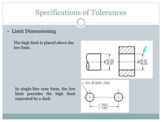 Specifications of Tolerances
 Limit Dimensioning
The high limit is placed above the
low limit.
In single-line note form, the low
limit precedes the high limit
separated by a dash
 