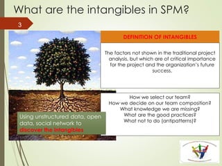 What are the intangibles in SPM?
DEFINITION OF INTANGIBLES
The factors not shown in the traditional project
analysis, but which are of critical importance
for the project and the organization’s future
success.
How we select our team?
How we decide on our team composition?
What knowledge we are missing?
What are the good practices?
What not to do (antipatterns)?
Using unstructured data, open
data, social network to
discover the intangibles
3
 