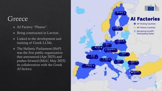 Greece
AI Factory “Pharos”.
Being constructed in Lavrion.
Linked to the development and
training of Greek LLMs.
The Hellenic Parliament (HeP)
was the first public organization
that announced (Apr 2025) and
pushes forward (MoU, May 2025)
its collaboration with the Greek
AI factory.
8
 