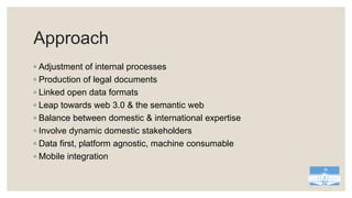Approach
◦ Adjustment of internal processes
◦ Production of legal documents
◦ Linked open data formats
◦ Leap towards web ...