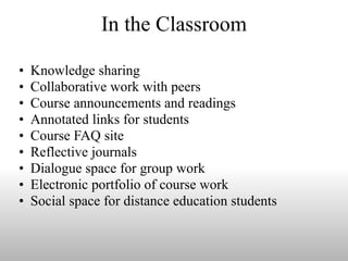 In the Classroom Knowledge sharing Collaborative work with peers Course announcements and readings Annotated links for students Course FAQ site Reflective journals Dialogue space for group work Electronic portfolio of course work Social space for distance education students 