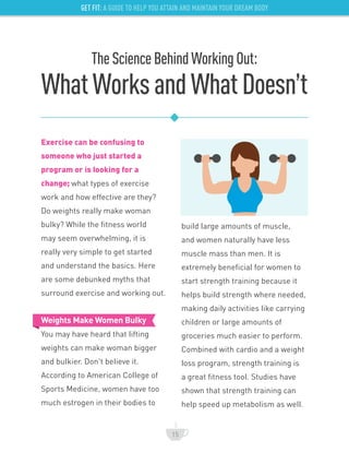 GET FIT: A GUIDE TO HELP YOU ATTAIN AND MAINTAIN YOUR DREAM BODY
15
Exercise can be confusing to
someone who just started a
program or is looking for a
change; what types of exercise
work and how effective are they?
Do weights really make woman
bulky? While the fitness world
may seem overwhelming, it is
really very simple to get started
and understand the basics. Here
are some debunked myths that
surround exercise and working out.
Weights Make Women Bulky
You may have heard that lifting
weights can make woman bigger
and bulkier. Don’t believe it.
According to American College of
Sports Medicine, women have too
much estrogen in their bodies to
build large amounts of muscle,
and women naturally have less
muscle mass than men. It is
extremely beneficial for women to
start strength training because it
helps build strength where needed,
making daily activities like carrying
children or large amounts of
groceries much easier to perform.
Combined with cardio and a weight
loss program, strength training is
a great fitness tool. Studies have
shown that strength training can
help speed up metabolism as well.
WhatWorksandWhatDoesn’t
TheScienceBehindWorkingOut:
 