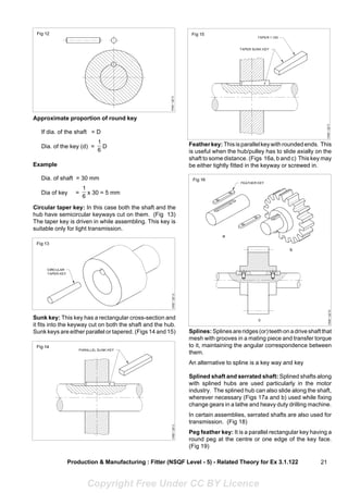 21
Approximate proportion of round key
If dia. of the shaft = D
Dia. of the key (d) =
6
1
D
Example
Dia. of shaft = 30 mm
Dia of key =
6
1
x 30 = 5 mm
Circular taper key: In this case both the shaft and the
hub have semicircular keyways cut on them. (Fig 13)
The taper key is driven in while assembling. This key is
suitable only for light transmission.
Production & Manufacturing : Fitter (NSQF Level - 5) - Related Theory for Ex 3.1.122
Sunk key: This key has a rectangular cross-section and
it fits into the keyway cut on both the shaft and the hub.
Sunk keys are either parallel or tapered. (Figs 14 and 15)
Featherkey: Thisisparallelkeywithroundedends. This
is useful when the hub/pulley has to slide axially on the
shaft to some distance. (Figs 16a, b and c) This key may
be either tightly fitted in the keyway or screwed in.
Splines: Splinesareridges(or)teethonadriveshaftthat
mesh with grooves in a mating piece and transfer torque
to it, maintaining the angular correspondence between
them.
An alternative to spline is a key way and key
Splined shaft and serrated shaft: Splined shafts along
with splined hubs are used particularly in the motor
industry. The splined hub can also slide along the shaft,
wherever necessary (Figs 17a and b) used while fixing
change gears in a lathe and heavy duty drilling machine.
In certain assemblies, serrated shafts are also used for
transmission. (Fig 18)
Peg feather key: It is a parallel rectangular key having a
round peg at the centre or one edge of the key face.
(Fig 19)
Copyright Free Under CC BY Licence
 