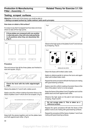 30
Production & Manufacturing Related Theory for Exercise 3.1.124
Fitter - Assembly - 1
Testing scraped surfaces
Objective: At the end of this lesson you shall be able to
• testing a scraped surface by 3 plate method. (with worth principle).
How does on obtain a flat surface?
It is easy to say that it scrapped but how does one know
where to take off the high points.
If three plates are compared with one another
in alternate pairs, they will only mate perfectly
in all positions when they are absolutely flat.
(Fig 1)
ObservethehighspotsontheplatesXandYandremove
by scrapping. (Fig 5)
Procedure
File and ensure that all the three plates are finished to
size and square. (Fig 2)
Check the level with the knife edge/straight
edge.
Stamp the plates X,Y and Z with a letter punch.
Apply a very thin uniform coating of purssion blue on the
faces of plates X and Y whcih are to be scraped. (Fig 3)
Keep both the pieces together and rub the plates back
and forth against each other. (Fig 4)
Clean the faces with knitted cotton cloth,
Apply an oilstone gently to remove the burrs and again
clean with knitted cotton cloth.
Repeat the same procedure till both the faces are mating
with good bearing surfaces.
Apply a very thin uniform coating of purssion blue on the
face of the plate Z which is to be scraped.
Keep the faces of the plates X and Z together and rub the
plates back and forth against each other.
Observe the high spots on the plat Z and remove by
scraping. (Figs 6 and7)
Do not scrape plate X. This is taken as a
reference surface.
Repeat the same procedure till both the faces of the
plates X and Z are mating with good bearing surfaces.
Repeat the procedure till the faces of plates Y and Z are
mating with good bearing surfaces.
Copyright Free Under CC BY Licence
 