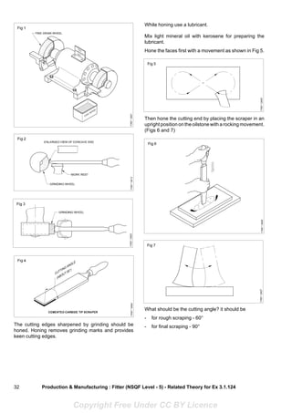 32
The cutting edges sharpened by grinding should be
honed. Honing removes grinding marks and provides
keen cutting edges.
What should be the cutting angle? it should be
- for rough scraping - 60°
- for final scraping - 90°
Production & Manufacturing : Fitter (NSQF Level - 5) - Related Theory for Ex 3.1.124
While honing use a lubricant.
Mix light mineral oil with kerosene for preparing the
lubricant.
Hone the faces first with a movement as shown in Fig 5.
Then hone the cutting end by placing the scraper in an
upright position on the oilstone with a rocking movement.
(Figs 6 and 7)
Copyright Free Under CC BY Licence
 