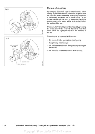 56
Charging cylindrical laps
For charging cylindrical laps for internal work, a thin
coating of prepared abrasive compound is spread over
the surface of a hard steel block. The lapping compound
is then rubbed with a cast iron or copper block. The lap
is rolled over the cast iron block by pressing it down firmly
so that the abrasive grains will be firmly embedded on
the surface of the lap.
The external cylindrical laps can be charged by presssing
the abrasive inside the bore with the help of hard steel
rollers which are slightly smaller than the diameter of
the lap.
Precautions to be observed while lapping
- Do not dwell in the same place while lapping.
- Keep the lap moist always.
- Do not add fresh abrasive during lapping; recharge if
necessary.
- Do not apply excessive pressure while lapping.
Production & Manufacturing : Fitter (NSQF - 5) - Related Theory for Ex 3.1.130
Copyright Free Under CC BY Licence
 