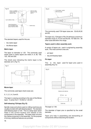 78
The standard tapers used for this are:
- the metric taper
- the Morse taper.
Metric taper
The taper on diameter is 1:20. The commonly used
shank sizes in metric tapers are metric 4, 6, 80, 100,
120, 160 and 200.
The shank size indicating the metric taper is the
diameter at D. (Fig 11)
Morse taper
The commonly used taper shank sizes are:
0, 1, 2, 3, 4, 5 and 6.
The taper is varying according to the size of the Morse
taper. It varies from 1:19.002 to 1:20.047.
Self-releasing 7/24 tape (Fig 12)
Spindle noses and arbors used on milling machines are
usually provided with self-releasing tapers. The standard
self-releasing taper is 7/24. This is a steep taper which
helps in the correct location and release of the
components in the assembly. This taper does not drive
the mating component in the assembly. For the purpose
of driving, additional features are provided.
The commonly used 7/24 taper sizes are: 30,40,45,50
and 60.
The taper of a 7/24 taper of No.30 will have a maximum
diameter of (D) 31.75 mm and No.60, 107.950 mm. All
other sizes fall within this range.
Tapers used in other assembly work
A variety of tapers are used in engineering assembly
work. The most common ones are:
- pin taper
- key and keyway taper.
Pin taper
This is the taper used for taper pins used in
assembly.(Fig 13)
The taper is 1:50.
The diameter of taper pins is specified by the small
diameter.
Taper pins help in assembling and dismantling of
components without disturbing the location.
Copyright Free Under CC BY Licence
 