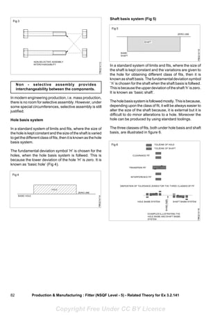 82 Production & Manufacturing : Fitter (NSQF Level - 5) - Related Theory for Ex 3.2.141
Non - selective assembly provides
interchangeability between the components.
In modern engineering production, i.e. mass production,
there is no room for selective assembly. However, under
some special circumferences, selective assembly is still
justified.
Hole basis system
In a standard system of limits and fits, where the size of
the hole is kept constant and the size of the shaft is varied
togetthedifferentclassoffits,thenitisknownasthehole
basis system.
The fundamental deviation symbol ‘H’ is chosen for the
holes, when the hole basis system is follwed. This is
because the lower deviation of the hole ‘H’ is zero. It is
known as ‘basic hole’ (Fig 4).
Shaft basis system (Fig 5)
In a standard system of limits and fits, where the size of
the shaft is kept constant and the variations are given to
the hole for obtaining different class of fits, then it is
known as shaft basis. The fundamental deviation symbol
‘ h’ is chosen for the shaft when the shaft basis is follwed.
Thisisbecausetheupperdeviationoftheshaft‘h’iszero.
It is known as ‘basic shaft’.
Theholebasissystemisfollowedmostly.Thisisbecause,
depending upon the class of fit, it will be always easier to
alter the size of the shaft because, it is external but it is
difficult to do minor alterations to a hole. Moreover the
hole can be produced by using standard toolings.
The three classes of fits, both under hole basis and shaft
basis, are illustrated in figure 6.
Copyright Free Under CC BY Licence
 