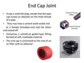 End Cap Joint
• A cap is used like plug, except that the pipe
cap screws or attaches on the male thread
of a pipe.
• They may have a solvent weld socket end
or a female threaded end and the other
end closed off.
• Comprises a cylindrical gasket-type fitting
formed of soft, malleable material.
• The end cap is connected to the end of an
air filter with an adhesive
 