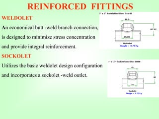 REINFORCED FITTINGS
WELDOLET
An economical butt -weld branch connection,
is designed to minimize stress concentration
and provide integral reinforcement.
SOCKOLET
Utilizes the basic weldolet design configuration
and incorporates a sockolet -weld outlet.
 