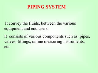 It convey the fluids, between the various
equipment and end users.
It consists of various components such as pipes,
valves, fittings, online measuring instruments,
etc
PIPING SYSTEM
 