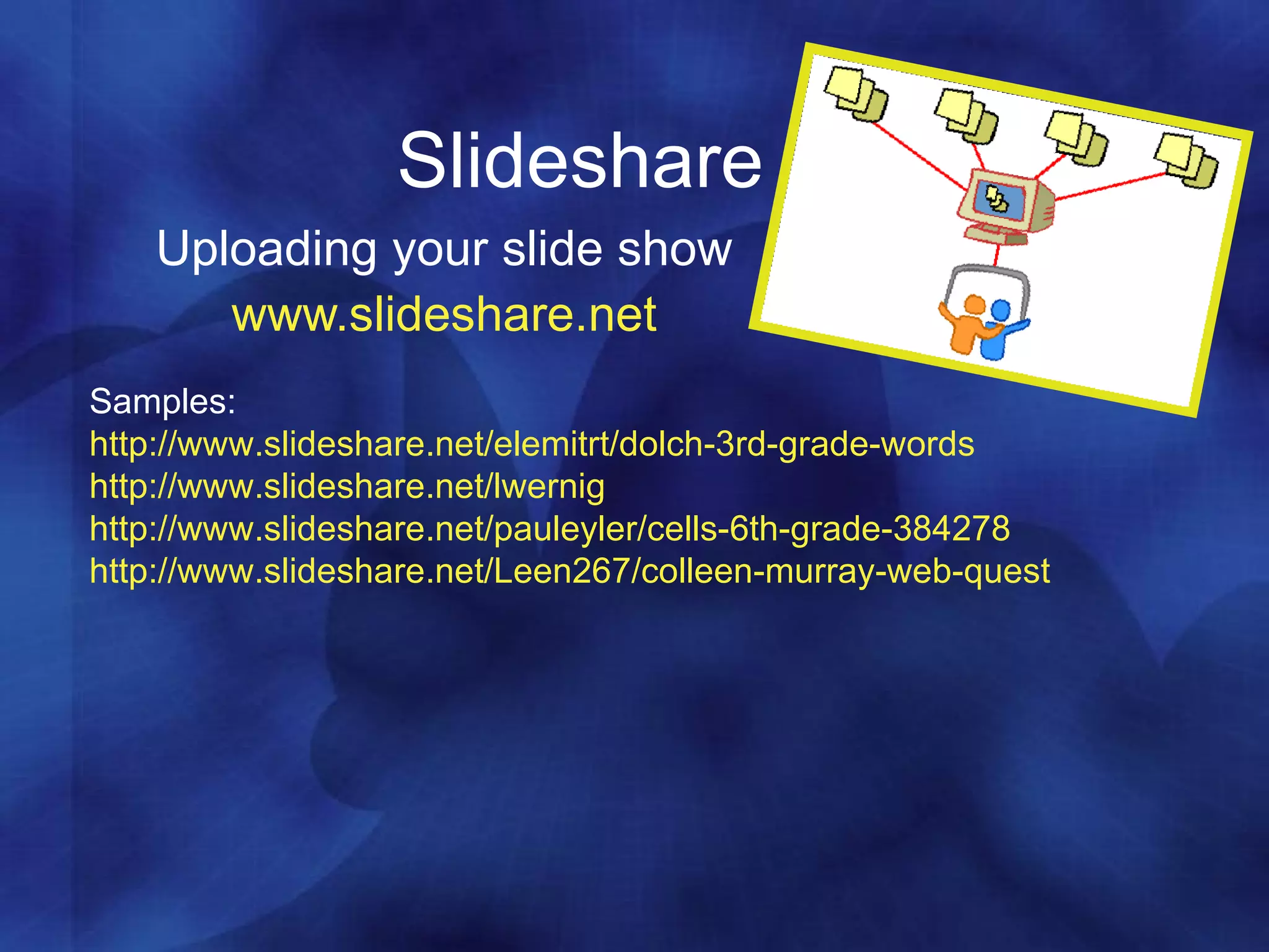 Slideshare Uploading your slide show www.slideshare.net Samples: http://www.slideshare.net/elemitrt/dolch-3rd-grade-words http://www.slideshare.net/lwernig http://www.slideshare.net/pauleyler/cells-6th-grade-384278 http://www.slideshare.net/Leen267/colleen-murray-web-quest 