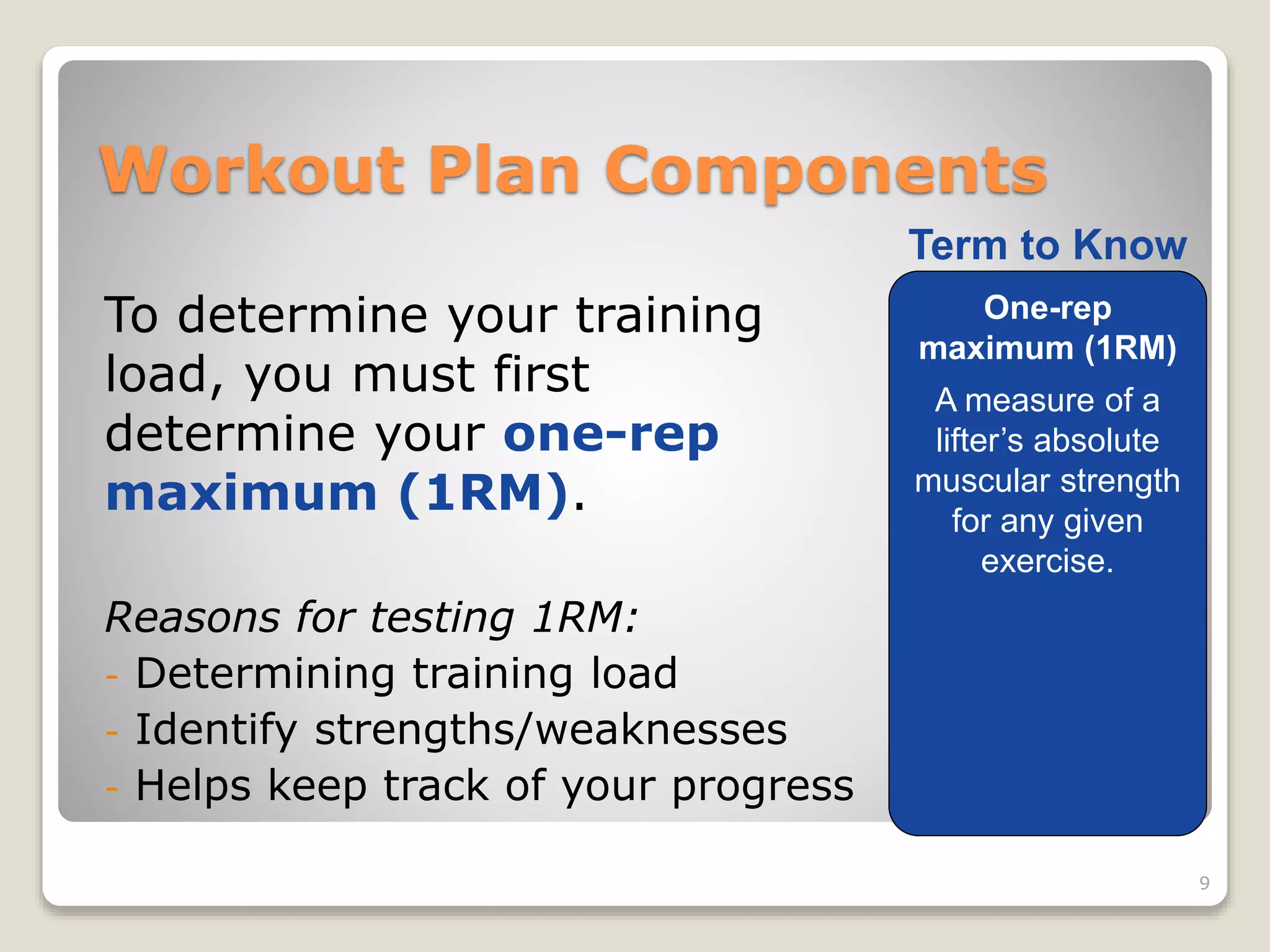 Workout Plan Components 
To determine your training 
load, you must first 
determine your one-rep 
maximum (1RM). 
Reasons for testing 1RM: 
- Determining training load 
- Identify strengths/weaknesses 
- Helps keep track of your progress 
9 
Term to Know 
One-rep 
maximum (1RM) 
A measure of a 
lifter’s absolute 
muscular strength 
for any given 
exercise. 
 