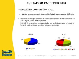 ECUADOR EN FITUR 2008 ENCUESTAS CONSUMIDOR FINAL Fuente:  Informe Encuestas Consumidor – PROMOTOURIST – Oficina de Marketing, Publicidad y Relaciones Públicas del Ecuador para FITUR 2008. 