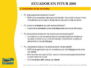 ECUADOR EN FITUR 2008 ENCUESTAS CANAL  - TOUR OPERADORES ESPAÑOLES Fuente:  Informe Encuestas Canal – PROMOTOURIST – Oficina de Marketing, Publicidad y Relaciones Públicas del Ecuador para FITUR 2008. 