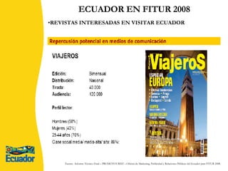 REVISTAS INTERESADAS EN VISITAR ECUADOR ECUADOR EN FITUR 2008 Fuente:  Informe Técnico Final – PROMOTOURIST – Oficina de Marketing, Publicidad y Relaciones Públicas del Ecuador para FITUR 2008. 