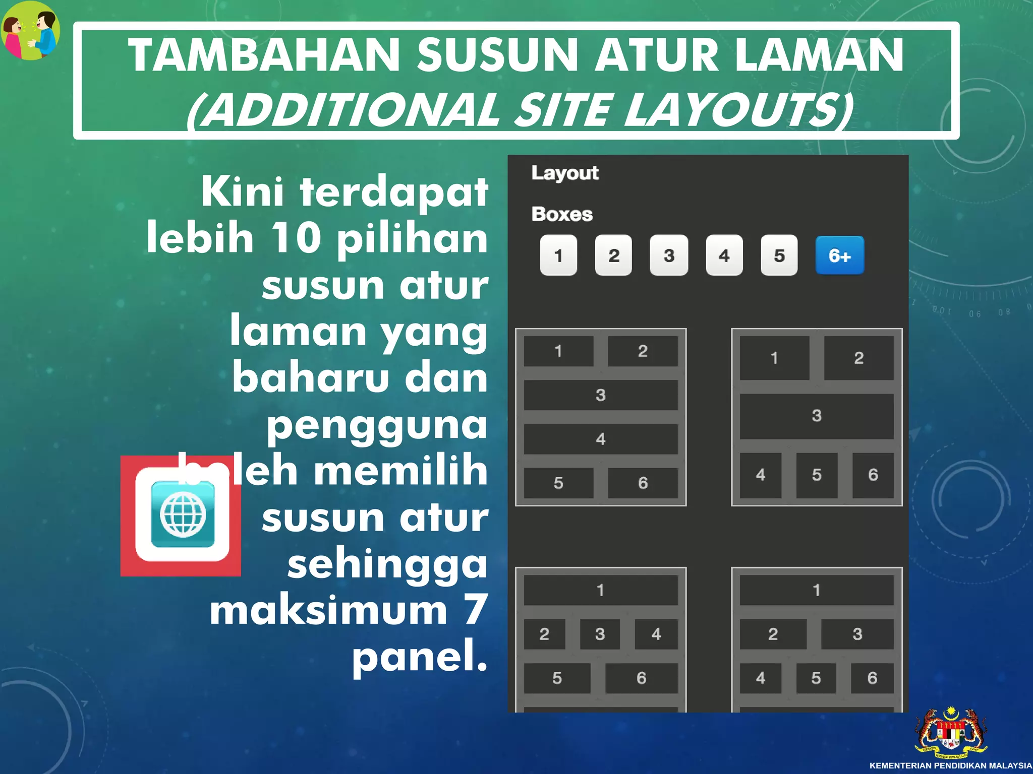 TAMBAHAN SUSUN ATUR LAMAN
(ADDITIONAL SITE LAYOUTS)
Kini terdapat
lebih 10 pilihan
susun atur
laman yang
baharu dan
pengguna
boleh memilih
susun atur
sehingga
maksimum 7
panel.
 