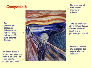 Composició
Un ésser humà al
primer pla, amb les
mans a la cara i la
boca oberta,
cridant molt fort
Dos
personatges
passegen
indiferents a
l’altra banda
del pont. Són
dues ombres
fosques
Tots els elements
de la natura tenen
formes sinuoses,
igual que el
personatge central
Baranes, formen
una diagonal que
separa els dos
ambients
Fiord noruec al
fons i dues
siluetes de
vaixells
 