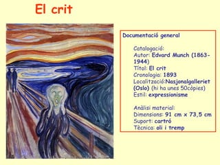 El crit
Documentació general
Catalogació:
Autor: Edvard Munch (1863-
1944)
Títol: El crit
Cronologia: 1893
Localització:Nasjonalgalleriet
(Oslo) (hi ha unes 50còpies)
Estil: expressionisme
Anàlisi material:
Dimensions: 91 cm x 73,5 cm
Suport: cartró
Tècnica: oli i tremp
 