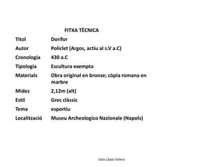 FITXA TÈCNICA 
Títol Dorífor 
Autor Policlet (Argos, actiu al s.V a.C) 
Cronologia 430 a.C 
Tipologia Escultura exempta 
Materials Obra original en bronze; còpia romana en 
Júlia López Valera 
marbre 
Mides 2,12m (alt) 
Estil Grec clàssic 
Tema esportiu 
Localització Museu Archeologico Nazionale (Napols) 
 