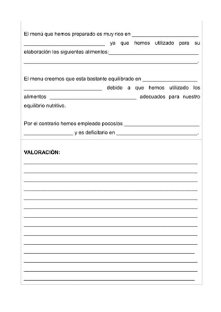 El menú que hemos preparado es muy rico en _______________________
____________________________ ya que hemos utilizado para su
elaboración los siguientes alimentos:_______________________________
____________________________________________________________.
El menu creemos que esta bastante equilibrado en ___________________
___________________________ debido a que hemos utilizado los
alimentos ______________________________ adecuados para nuestro
equilibrio nutritivo.
Por el contrario hemos empleado pocos/as __________________________
_________________ y es deficitario en ____________________________.
VALORACIÓN:
____________________________________________________________
____________________________________________________________
____________________________________________________________
____________________________________________________________
____________________________________________________________
____________________________________________________________
____________________________________________________________
____________________________________________________________
____________________________________________________________
____________________________________________________________
___________________________________________________________
____________________________________________________________
____________________________________________________________
___________________________________________________________
 