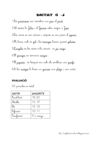 http://englishandmuchmore.blogspot.com.es/
DICTAT G –J
1.Les jardineres van descobrir una joia al jardí.
2.Al desert, la Júlia i el Gerard volen viatjar a Japó.
3.Les nenes es van dutxar i després es van posar el pijama.
4.Hi havia molt de gel i les taronges havien quedat gelades.
5.L’angelet de les dents m’ha deixat un joc màgic.
6.El granger va demanar menjar .
7.El jugador de bàsquet era molt alt, semblava una girafa.
8.A les imatges hi havia un gimnàs, una platja i una ciutat.
20 paraules en total
NOTA ENCERTS
Excel·lent 18-20
Notable 14-17
Bé 12-13
Suficient 10-11
Insuficient 9 o menys
 