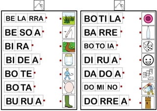 BE LA RRA

BO TI LA

BE SO A

BA RRE

BI RA

BO TO IA

BI DE A

DI RU A

BO TE

DA DO A

BO TA

DO MI NO

BU RU A

DO RRE ...