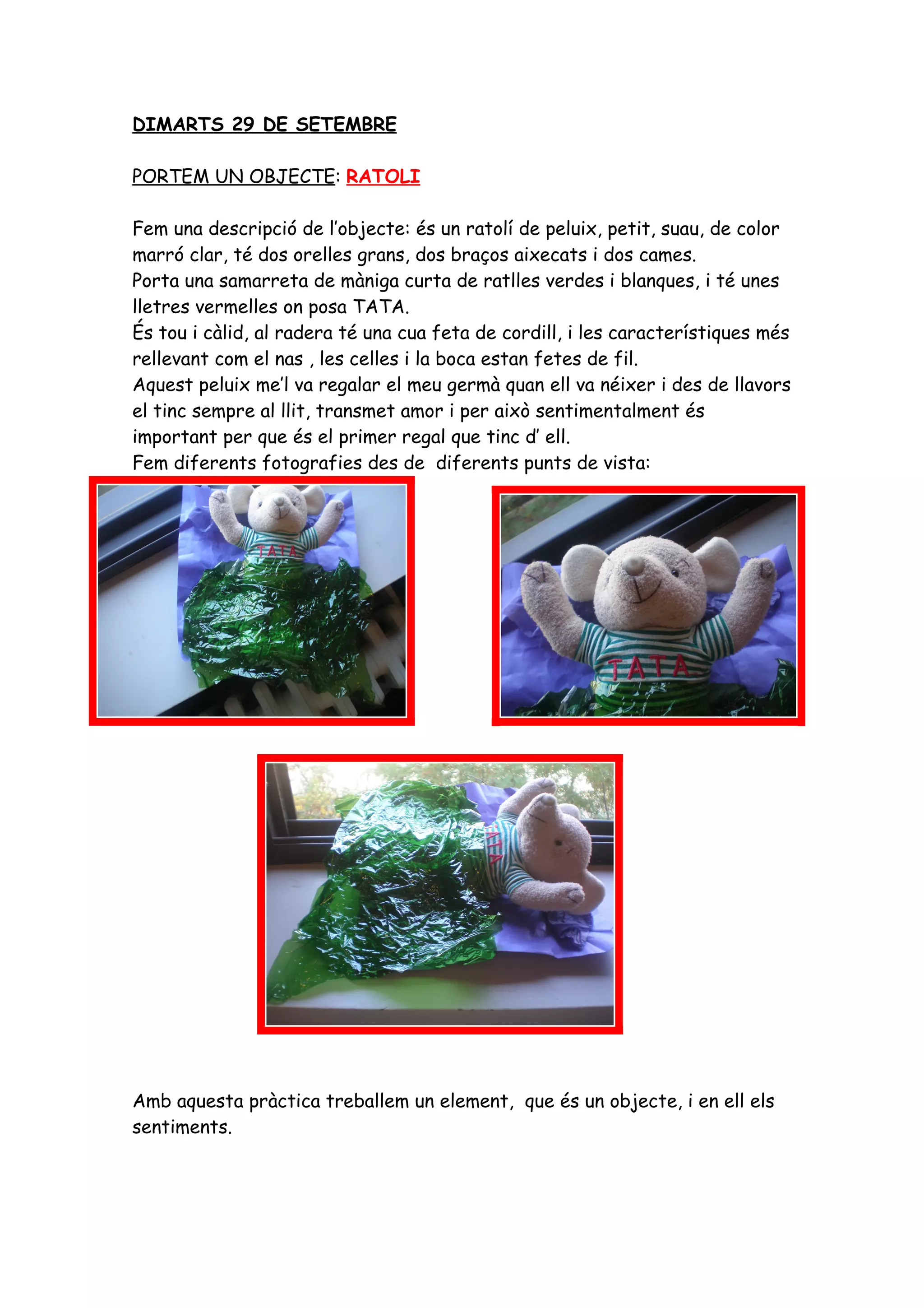 DIMARTS 29 DE SETEMBRE

PORTEM UN OBJECTE: RATOLI

Fem una descripció de l’objecte: és un ratolí de peluix, petit, suau, de color
marró clar, té dos orelles grans, dos braços aixecats i dos cames.
Porta una samarreta de màniga curta de ratlles verdes i blanques, i té unes
lletres vermelles on posa TATA.
És tou i càlid, al radera té una cua feta de cordill, i les característiques més
rellevant com el nas , les celles i la boca estan fetes de fil.
Aquest peluix me’l va regalar el meu germà quan ell va néixer i des de llavors
el tinc sempre al llit, transmet amor i per això sentimentalment és
important per que és el primer regal que tinc d’ ell.
Fem diferents fotografies des de diferents punts de vista:




Amb aquesta pràctica treballem un element, que és un objecte, i en ell els
sentiments.
 