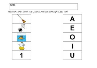 NOM:
RELACIONA CADA DIBUIX AMB LA VOCAL AMB QUE COMENÇA EL SEU NOM

1

A
E
O
I
U

 