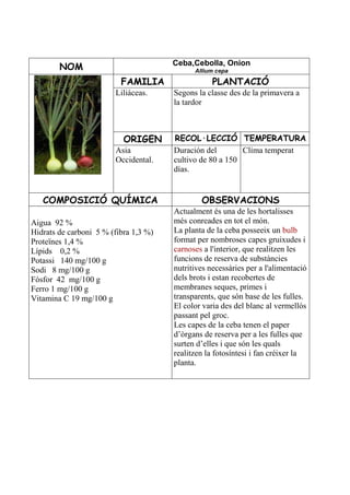 Ceba,Cebolla, Onion
        NOM                                  Allium cepa

                          FAMILIA                  PLANTACIÓ
                        Liliáceas.     Segons la classe des de la primavera a
                                       la tardor



                           ORIGEN      RECOL·LECCIÓ TEMPERATURA
                        Asia           Duración del        Clima temperat
                        Occidental.    cultivo de 80 a 150
                                       días.


   COMPOSICIÓ QUÍMICA                          OBSERVACIONS
                                       Actualment és una de les hortalisses
Aigua 92 %                             més conreades en tot el món.
Hidrats de carboni 5 % (fibra 1,3 %)   La planta de la ceba posseeix un bulb
Proteïnes 1,4 %                        format per nombroses capes gruixudes i
Lípids 0,2 %                           carnoses a l'interior, que realitzen les
Potassi 140 mg/100 g                   funcions de reserva de substàncies
Sodi 8 mg/100 g                        nutritives necessàries per a l'alimentació
Fòsfor 42 mg/100 g                     dels brots i estan recobertes de
Ferro 1 mg/100 g                       membranes seques, primes i
Vitamina C 19 mg/100 g                 transparents, que són base de les fulles.
                                       El color varia des del blanc al vermellós
                                       passant pel groc.
                                       Les capes de la ceba tenen el paper
                                       d’òrgans de reserva per a les fulles que
                                       surten d’elles i que són les quals
                                       realitzen la fotosíntesi i fan créixer la
                                       planta.
 