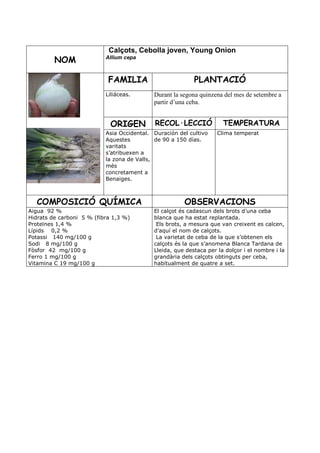 Calçots, Cebolla joven, Young Onion
                           Allium cepa
         NOM

                            FAMILIA                        PLANTACIÓ
                           Liliáceas.       Durant la segona quinzena del mes de setembre a
                                            partir d’una ceba.


                             ORIGEN         RECOL·LECCIÓ              TEMPERATURA
                           Asia Occidental. Duración del cultivo    Clima temperat
                           Aquestes          de 90 a 150 días.
                           varitats
                           s’atribuexen a
                           la zona de Valls,
                           més
                           concretament a
                           Benaiges.



   COMPOSICIÓ QUÍMICA                                  OBSERVACIONS
Aigua 92 %                                  El calçot és cadascun dels brots d’una ceba
Hidrats de carboni 5 % (fibra 1,3 %)        blanca que ha estat replantada.
Proteïnes 1,4 %                              Els brots, a mesura que van creixent es calcen,
Lípids 0,2 %                                d’aquí el nom de calçots.
Potassi 140 mg/100 g                         La varietat de ceba de la que s’obtenen els
Sodi 8 mg/100 g                             calçots és la que s’anomena Blanca Tardana de
Fòsfor 42 mg/100 g                          Lleida, que destaca per la dolçor i el nombre i la
Ferro 1 mg/100 g                            grandària dels calçots obtinguts per ceba,
Vitamina C 19 mg/100 g                      habitualment de quatre a set.
 