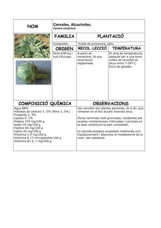 Carxofes, Alcachofas,
         NOM               Cynara scolymus


                            FAMILIA                        PLANTACIÓ
                           Compostes         Finals de primavera, estiu

                             ORIGEN          RECOL·LECCIÓ             TEMPERATURA
                           Nord d’Àfrica i   A partir de            El rang de temperatures
                           sud d’Europa.     novembre, té una       adequat per a una bona
                                             recol—lecció           collita de carxofes se
                                             esglaonada.            situa entre 7-29º C,
                                                                    lliure de gelades.




   COMPOSICIÓ QUÍMICA                                   OBSERVACIONS
Agua 88%                                     Les carxofes són plantes perennes, és a dir, que
Hidratos de carbono 7, 5% (fibra 3, 5%)      romanen en el lloc durant diversos anys.
Proteínas 2, 3%
Lípidos 0, 1%                                Flores terminals molt gruixudes, recobertes per
Potasio 570 mg/100 g                         escates membranoses imbricades i carnoses en
Sodio 35 mg/100 g                            la base constituint la part comestible.
Fósforo 80 mg/100 g
Calcio 45 mg/100 g                           La carxofa posseeix propietats medicinals com
Vitamina C 9 mg/100 g                        hipoglucemiant i afavoreix el metabolisme de la
Vitamina A 17 microgramos/100 g              urea i del colesterol.
Vitamina B1 0, 1 mg/100 g
 