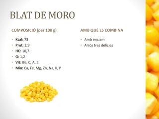 BLAT DE MORO
COMPOSICIÓ (per 100 g)
• Kcal: 73
• Prot: 2,9
• HC: 10,7
• G: 1,2
• Vit: B6, C, A, E
• Min: Ca, Fe, Mg, Zn, Na, K, P
AMB QUÈ ES COMBINA
• Amb enciam
• Arròs tres delícies
 