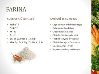 FARINA
COMPOSICIÓ (per 100 g)
• Kcal: 375
• Prot: 9,3
• HC: 80
• G: 1,2
• Vit: B6 (0,4mg), E (1,5mg)
• Min: Ca, Fe, I, Mg, Zn, Na, K, P, Se
AMB QUÈ ES COMBINA
• Caçó adobat enfarinat i fregit
• Calamars a l’andalusa
• Croquetes casolanes
• Filet de tilàpia arrebossat
• Filet de tonyina arrebossat
• Filet d’abadejo a l’andalusa
• Lluç enfarinat i fregit
• Suprema de lluç arrebossat
 