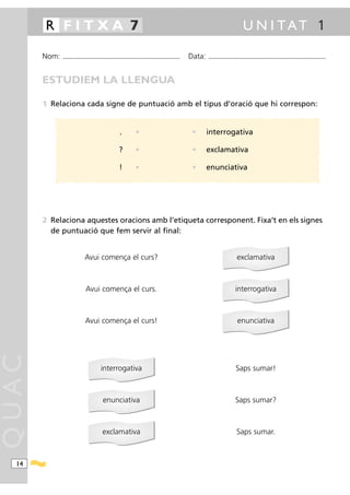 R FITXA 7                                                                                                                               U N I TAT 1

       Nom:   ...........................................................................................   Data:   ...........................................................................................



       ESTUDIEM LA LLENGUA

       1 Relaciona cada signe de puntuació amb el tipus d’oració que hi correspon:


                                                          .           •                                      •      interrogativa

                                                         ?            •                                      •      exclamativa

                                                         !            •                                      •      enunciativa




       2 Relaciona aquestes oracions amb l’etiqueta corresponent. Fixa’t en els signes
         de puntuació que fem servir al final:


                               Avui comença el curs?                                                                                      exclamativa



                               Avui comença el curs.                                                                                    interrogativa



                               Avui comença el curs!                                                                                      enunciativa
QUAC




                                           interrogativa                                                                                 Saps sumar!



                                             enunciativa                                                                                Saps sumar?



                                            exclamativa                                                                                  Saps sumar.



  14
 
