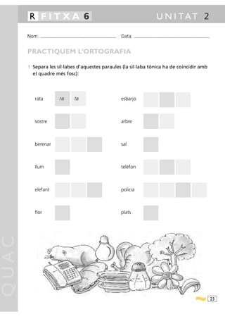 R FITXA 6                                                                                                                              U N I TAT 2

       Nom:   ...........................................................................................   Data:   ...........................................................................................



       PRACTIQUEM L’ORTOGRAFIA

       1 Separa les síl·labes d’aquestes paraules (la síl·laba tònica ha de coincidir amb
         el quadre més fosc):




          rata                      ra                ta                                                    esbarjo



          sostre                                                                                            arbre



          berenar                                                                                           sal



          llum                                                                                              telèfon



          elefant                                                                                           policia



          flor                                                                                              plats
QUAC




                                                                                                                                                                                                                  23
 