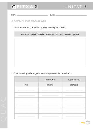 C FITXA 2                                                                                                                                                          U N I TAT 5

       Nom:   ...........................................................................................                Data:                 ...........................................................................................



       APRENEM VOCABULARI

       1 Fes un dibuix en què surtin representats aquests noms:


                              manassa gatet cotxàs homenet nuvolet caseta gossot




       2 Completa el quadre següent amb les paraules de l’activitat 1:


                                                                                                       diminutiu                                                                     augmentatiu

                                             mà                                                             maneta                                                                            manassa

                 ....................................................................   ....................................................................                ....................................................................




                 ....................................................................   ....................................................................                ....................................................................
QUAC




                 ....................................................................   ....................................................................                ....................................................................




                 ....................................................................   ....................................................................                ....................................................................




                 ....................................................................   ....................................................................                ....................................................................




                 ....................................................................   ....................................................................                ....................................................................




                                                                                                                                                                                                                                                   51
 