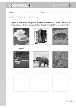 C FITXA 4                                                                                                                                                          U N I TAT 5

       Nom:   ...........................................................................................                Data:                 ...........................................................................................



       ESTUDIEM LA LLENGUA

       1 Digues el nom de les fotografies que tens a continuació i escriu l’article que
         hi correspon, estigui o no apostrofat. Després inventa’t tres exemples més:




                                        núvol                                           ....................................................................                ....................................................................




                 ....................................................................   ....................................................................                ....................................................................
QUAC




                 ....................................................................   ....................................................................                ....................................................................




                                                                                                                                                                                                                                                   55
 