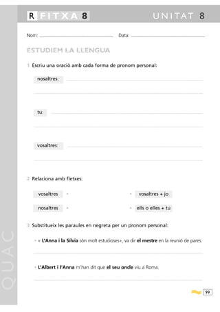 R FITXA 8                                                                                                                                                                                                   U N I TAT 8

       Nom:        ...........................................................................................                                           Data:                ...........................................................................................



       ESTUDIEM LA LLENGUA

       1 Escriu una oració amb cada forma de pronom personal:

               nosaltres:                                         ......................................................................................................................................................................................................................................




          ..............................................................................................................................................................................................................................................................................................




               tu:                    ..................................................................................................................................................................................................................................................................




          ..............................................................................................................................................................................................................................................................................................




               vosaltres:                                         ......................................................................................................................................................................................................................................




          ..............................................................................................................................................................................................................................................................................................




       2 Relaciona amb fletxes:


                 vosaltres                                      •                                                                                                          •               vosaltres + jo

                nosaltres                                       •                                                                                                          •            ells o elles + tu


       3 Substitueix les paraules en negreta per un pronom personal:
QUAC




          • « L’Anna i la Sílvia són molt estudioses», va dir el mestre en la reunió de pares.

          ..............................................................................................................................................................................................................................................................................................




          • L’Albert i l’Anna m’han dit que el seu oncle viu a Roma.

          ..............................................................................................................................................................................................................................................................................................




                                                                                                                                                                                                                                                                                                           99
 