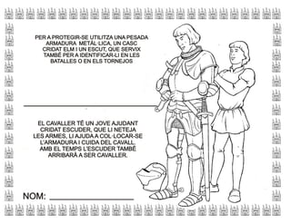 PER A PROTEGIR-SE UTILITZA UNA PESADAPER A PROTEGIR-SE UTILITZA UNA PESADA
ARMADURA METÀL·LICA, UN CASCARMADURA METÀL·LICA, UN CASC
CRIDAT ELM I UN ESCUT, QUE SERVIXCRIDAT ELM I UN ESCUT, QUE SERVIX
TAMBÉ PER A IDENTIFICAR-LI EN LESTAMBÉ PER A IDENTIFICAR-LI EN LES
BATALLES O EN ELS TORNEJOSBATALLES O EN ELS TORNEJOS
..
EL CAVALLER TÉ UN JOVE AJUDANTEL CAVALLER TÉ UN JOVE AJUDANT
CRIDAT ESCUDER, QUE LI NETEJACRIDAT ESCUDER, QUE LI NETEJA
LES ARMES, LI AJUDA A COL·LOCAR-SELES ARMES, LI AJUDA A COL·LOCAR-SE
L’ARMADURA I CUIDA DEL CAVALL.L’ARMADURA I CUIDA DEL CAVALL.
AMB EL TEMPS L’ESCUDER TAMBÉAMB EL TEMPS L’ESCUDER TAMBÉ
ARRIBARÀ A SER CAVALLER.ARRIBARÀ A SER CAVALLER.
NOM:NOM:
 