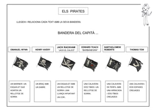 ELS PIRATES


     LLEGEIX i RELACIONA CADA TEXT AMB LA SEVA BANDERA.




                                    BANDERA DEL CAPITÀ ...



                                    JACK RACKHAM          EDWARD TEACH       BARTHOLOMEW
EMANUEL WYNN       HENRY AVERY       “JACK EL CALICÓ”     “BARBANEGRA”       ROBERTS          THOMAS TEW




UN MARINER i UN    UN BRAÇ AMB      UN ESQUELET AMB        UNA CALAVERA       UNA CALAVERA    UNA CALAVERA i
ESQUELET QUE       UN SABRE.        UN RELLOTGE DE         DOS TIBIES i UN    DE PERFIL AMB   DOS ESPASES
AGAFEN UN                           SORRA i UNA            RELLOTGE DE        UNA ARRACADA    CREUADES
RELLOTGE DE                         LLANÇA APUNTANT        SORRA.             i DOS TÍBIES
SORRA                               UN COR..                                  CREUADES
 