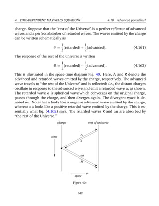 4 TIME-DEPENDENT MAXWELL’S EQUATIONS 4.10 Advanced potentials?
charge. Suppose that the “rest of the Universe” is a perfect reﬂector of advanced
waves and a perfect absorber of retarded waves. The waves emitted by the charge
can be written schematically as
F =
1
2
(retarded) +
1
2
(advanced). (4.161)
The response of the rest of the universe is written
R =
1
2
(retarded) −
1
2
(advanced). (4.162)
This is illustrated in the space-time diagram Fig. 40. Here, A and R denote the
advanced and retarded waves emitted by the charge, respectively. The advanced
wave travels to “the rest of the Universe” and is reﬂected: i.e., the distant charges
oscillate in response to the advanced wave and emit a retarded wave a, as shown.
The retarded wave a is spherical wave which converges on the original charge,
passes through the charge, and then diverges again. The divergent wave is de-
noted aa. Note that a looks like a negative advanced wave emitted by the charge,
whereas aa looks like a positive retarded wave emitted by the charge. This is es-
sentially what Eq. (4.162) says. The retarded waves R and aa are absorbed by
“the rest of the Universe.”
R
time
space
charge rest of universe
A
a
aa
Figure 40:
142
 