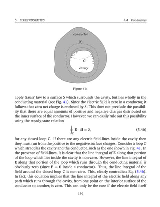 5 ELECTROSTATICS 5.4 Conductors
−
−
+
+
+ +
+
S
C
cavity
conductor
−
−
−
Figure 41:
apply Gauss’ law to a surface S which surrounds the cavity, but lies wholly in the
conducting material (see Fig. 41). Since the electric ﬁeld is zero in a conductor, it
follows that zero net charge is enclosed by S. This does not preclude the possibil-
ity that there are equal amounts of positive and negative charges distributed on
the inner surface of the conductor. However, we can easily rule out this possibility
using the steady-state relation
C
E · dl = 0, (5.46)
for any closed loop C. If there are any electric ﬁeld-lines inside the cavity then
they must run from the positive to the negative surface charges. Consider a loop C
which straddles the cavity and the conductor, such as the one shown in Fig. 41. In
the presence of ﬁeld-lines, it is clear that the line integral of E along that portion
of the loop which lies inside the cavity is non-zero. However, the line integral of
E along that portion of the loop which runs through the conducting material is
obviously zero (since E = 0 inside a conductor). Thus, the line integral of the
ﬁeld around the closed loop C is non-zero. This, clearly contradicts Eq. (5.46).
In fact, this equation implies that the line integral of the electric ﬁeld along any
path which runs through the cavity, from one point on the interior surface of the
conductor to another, is zero. This can only be the case if the electric ﬁeld itself
159
 