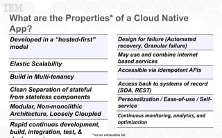 What are the Properties* of a Cloud Native
App?
6
Developed in a “hosted-first”
model
Elastic Scalability
Build in Multi-tenancy
Clean Separation of stateful
from stateless components
Modular, Non-monolithic
Architecture, Loosely Cloupled
Rapid continuos development,
build, integration, test, &
Design for failure (Automated
recovery, Granular failure)
May use and combine internet
based services
Accessible via idempotent APIs
Access back to systems of record
(SOA, REST)
Personalization / Ease-of-use / Self-
service
Continuous monitoring, analytics, and
optimization
*not an exhaustive list
 