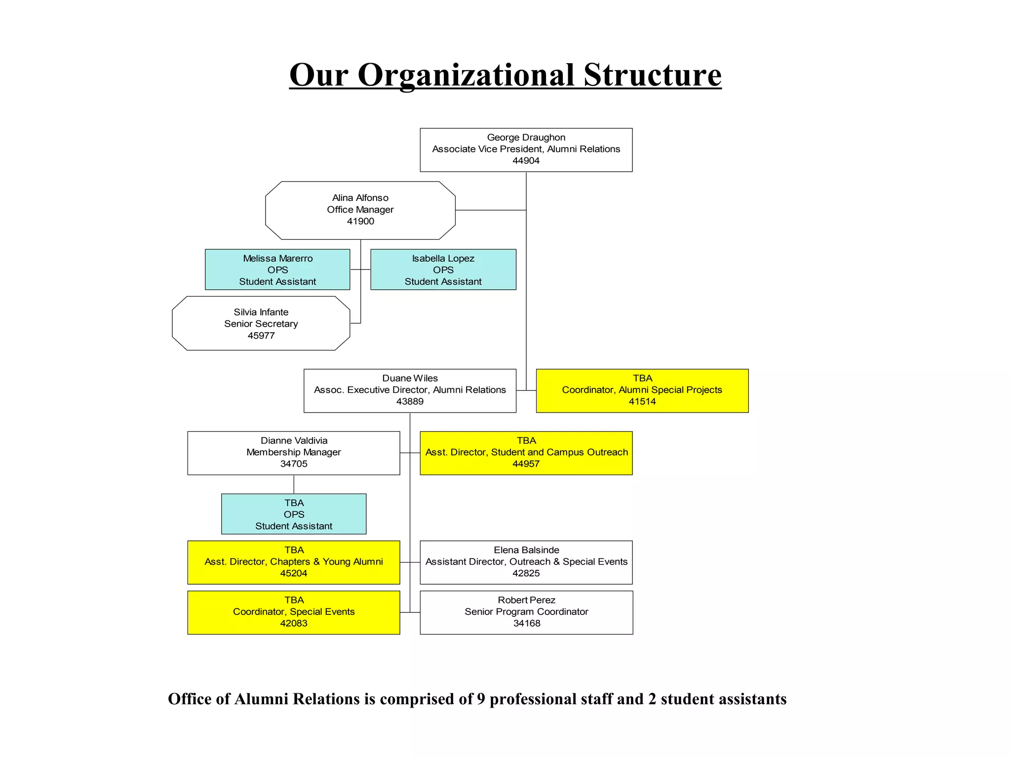 Our Organizational Structure Office of Alumni Relations is comprised of 9 professional staff and 2 student assistants 